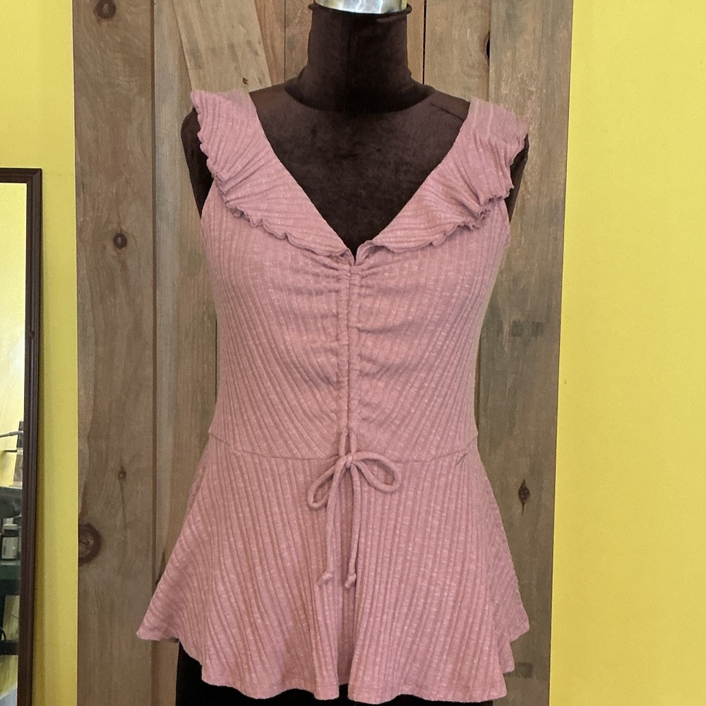 Maurices Dusty Rose Ribbed Peplum Tie-Front Camisole